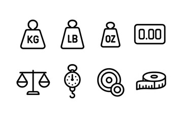 Weighing Tools Icons. Outline icon set of weighing tools and units: kilogram weight, pound weight, ounce weight, digital readout,
