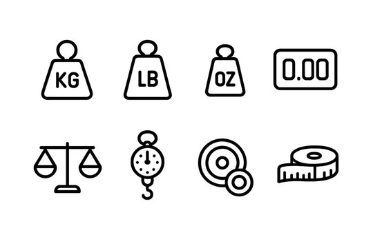 Weighing Tools Icons. Outline icon set of weighing tools and units: kilogram weight, pound weight, ounce weight, digital readout,