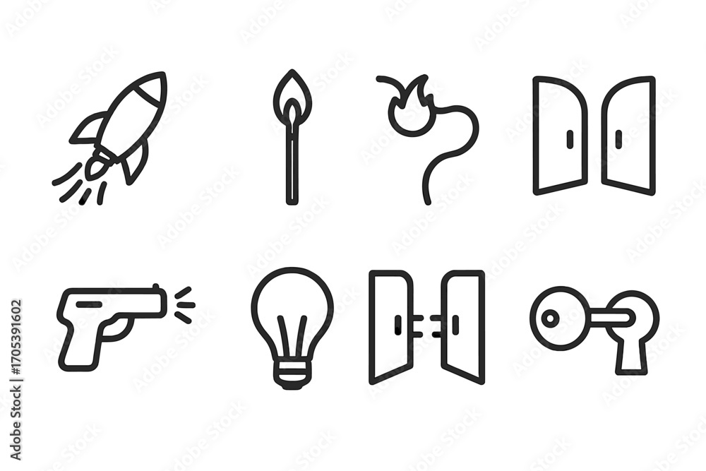 Poster launch icon set. outline icon set of launch and initiation: rocket, ignition, fuse, switch on, gate 