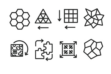 Geometric Tiling Icons. Outline icon set of tessellation and tiling: hexagonal tiling, triangular tiling, square tiling, Penrose