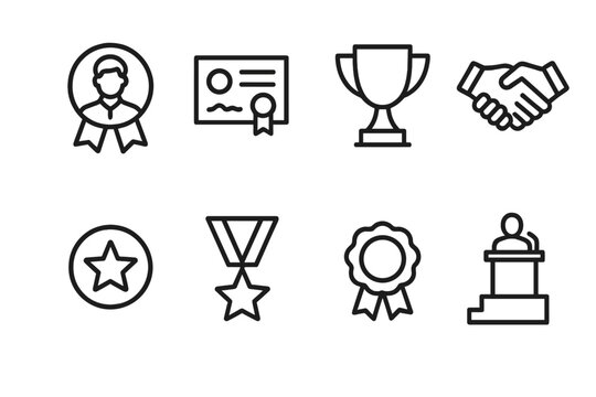 Corporate Awards Icons. Outline icon set of corporate awards: employee of the month badge, certificate, trophy cup, handshake, - Powered by Adobe
