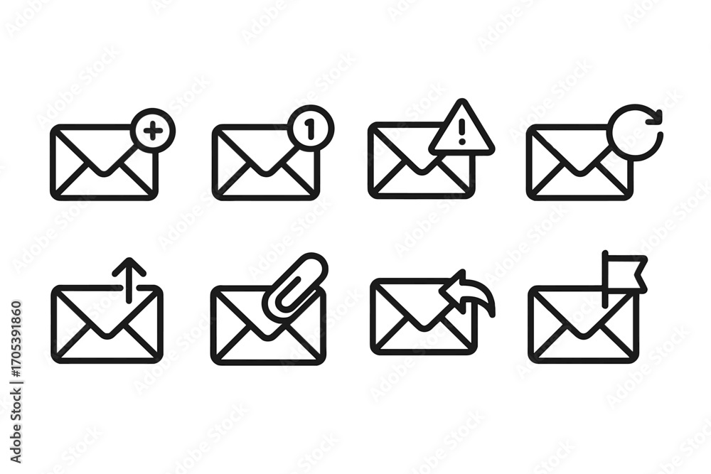 Poster email icons set. outline icon set of email notifications: new email, unread count, spam alert, inbox