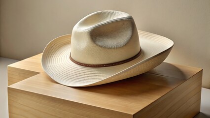 a white cowboy hat resting on wooden block indoors