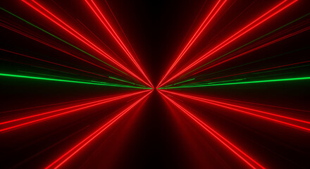 Abstract red and green laser beams converging towards a vanishing point