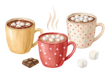 Watercolor hot cocoa mugs with marshmallows 