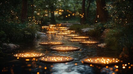 Illuminated path through a serene forest stream at dusk