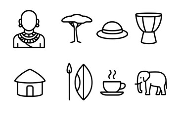 Kenyan Culture and Nature Icons. Outline icon set of Kenyan culture: Maasai warrior, Acacia tree, Safari hat, African drum,