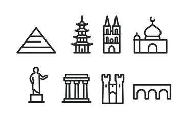 Obraz premium Cultural Landmark Icons. Outline icon set of cultural landmarks: pyramid, pagoda, cathedral, mosque, statue, ancient ruin, castle,