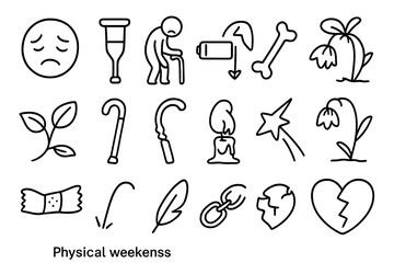 Obraz premium Doodle Icons of Fragility. Hand-drawn doodle illustration physical weakness tired face, crutch, bent stick, sagging muscle, empty