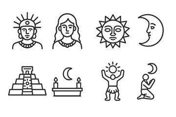 Fototapeta premium Sun and Moon Icons. Outline icon set of sun and moon in culture: sun god, moon goddess, sun mask, moon face, sun temple, moon