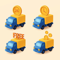 Colorful 3D illustration of delivery trucks with symbols representing free shipping, 24 hours service, express delivery, and payment concept