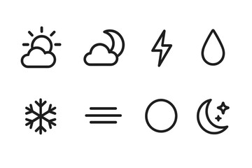 Weather Icon Set. Outline icon set of weather day and night: sun behind cloud, moon behind cloud, lightning bolt, raindrop,