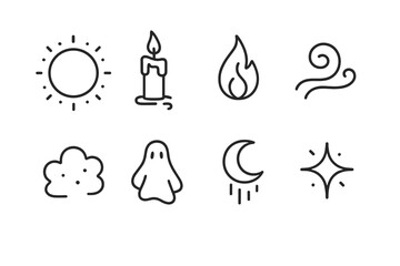 Fototapeta premium Ghostly Lights Icons. Outline icon set of ghostly lights and effects: glowing orb, floating candle, flickering flame, mist swirl,
