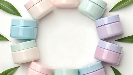 colorful jars arranged in circle with green leaves around