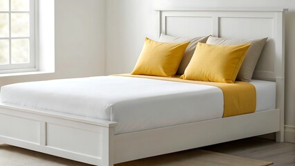 a cozy bedroom scene with white bed yellow pillows sunlight