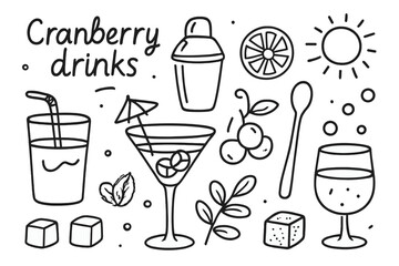 Cranberry Cocktail Doodle. Hand-drawn doodle illustration Cranberry drinks and cocktails cranberry juice glass, cocktail shaker,