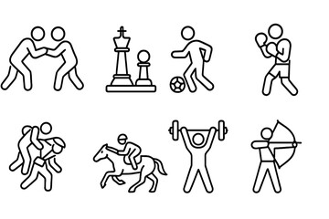 Azerbaijani Sports Icons. Outline icon set of Azerbaijani sports: wrestling, chess, football, boxing, judo, horse racing,
