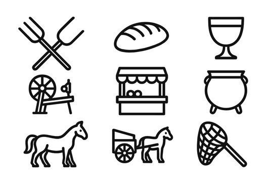 Medieval Life Icons. Outline icon set of barony daily life: harvest tools, bread loaf, wine goblet, cauldron, spinning wheel,