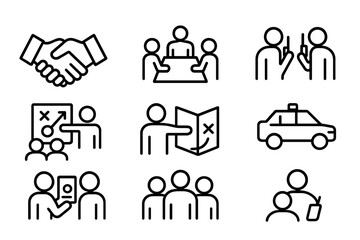 Field Agent Icon Set. Outline icon set of field agent teamwork: handshake, team meeting, radio chat, group strategy, map planning,