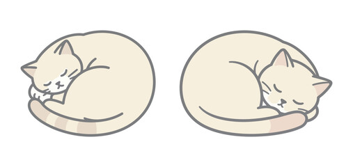 Two hand drawn cute cat sleeping curled up. Outline art pet illustration for domestic animals and relaxation.