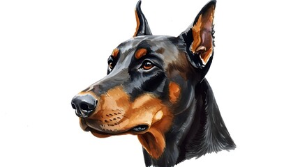 Elegant watercolor painting of a noble Doberman Pinscher with alert expression, perfect for pet lovers and breed enthusiasts, capturing loyalty and strength