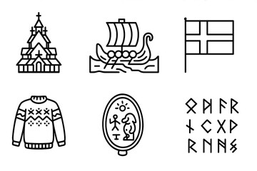 Fototapeta premium Norwegian Cultural Icons. Outline icon set of Norwegian culture: stave church, Viking ship, fjord, Norwegian flag, traditional