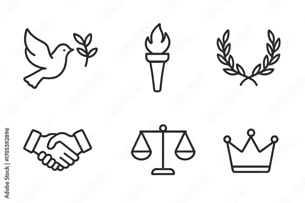Poster symbolic declarations icons. outline icon set of symbolic declarations: peace dove, olive branch, to