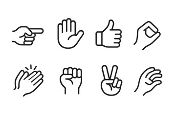 Hand Gesture Icons. Outline icon set of hand and finger movements: pointing finger, waving hand, thumbs up, pinch gesture,