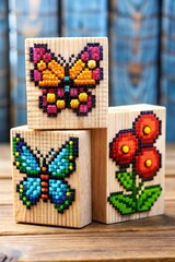 colorful pixel art blocks featuring butterflies and flowers
