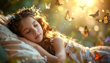 A peaceful child sleeps, adorned with flowers, bathed in sunlight, surrounded by butterflies in a dreamlike garden