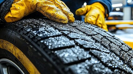 Mechanic in yellow gloves inspecting winter tire in garage