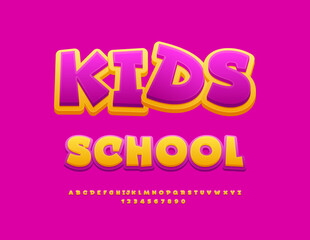 Vector Playful emblem Kids School. Cute Children Font. Cartoon style set of Bright Alphabet Letters and Numbers set.