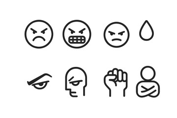 Ruthless Emotions Icons. Outline icon set of ruthless emotions: angry face, gritted teeth, clenched jaw, sweat drop, sharp eye,