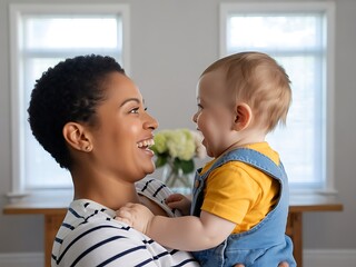 a mother holding her baby both smiling joyfully together