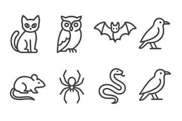 Fototapeta premium Spectral Animal Icons. Outline icon set of spectral animals: black cat, owl, bat, crow, rat, spider, snake, raven. [Line icons in