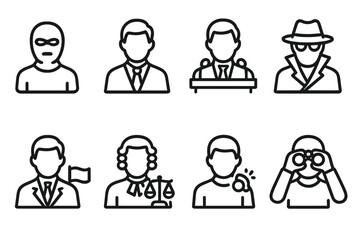 Fototapeta premium Hidden Agenda Icons. Outline icon set of hidden agenda participants: masked person, businessman, politician, spy, diplomat, lawyer