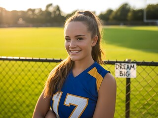 a young woman in football uniform standing by fence
