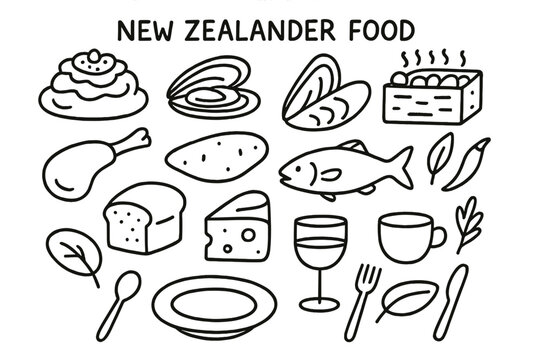 New Zealand Food Icons. Hand-drawn doodle illustration New Zealander food pavlova, green-lipped mussel, hangi oven, lamb chop,