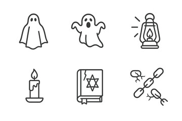 Obraz premium Spooky Apparition Icons. Outline icon set of spooky apparitions: phantom figure, wailing ghost, floating candle, old lantern,