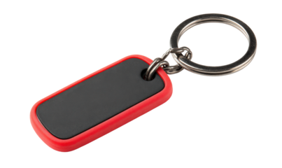 Red key tag with a black rectangular surface