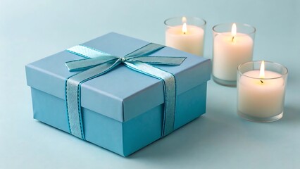 a light blue gift box with candles around it