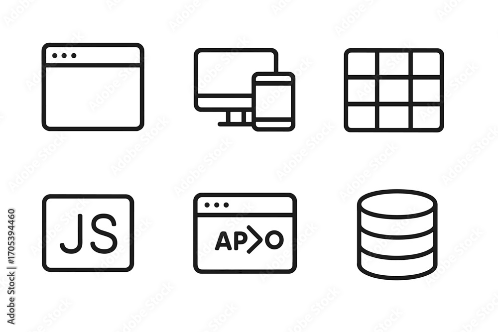 Aufkleber web development icons. outline icon set of web development: browser window, responsive design, css g