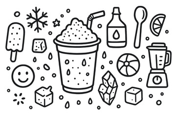 Fototapeta premium Summer Slush Doodle. Hand-drawn doodle illustration summer refreshment slush slush cup, straw, ice crystals, snowflake, syrup