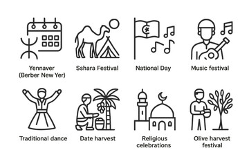 Fototapeta premium Algerian & Tunisian Icons. Outline icon set of Algerian festivals: Yennayer (Berber New Year), Sahara Festival, National Day,