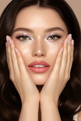 a woman with vibrant makeup touching her face gently