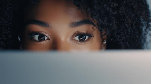Closeup of young black woman with curly hair peeking over laptop screen and looking left and right  concerned about her privacy
