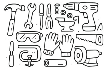 Obraz premium Tool Doodle Icons. Hand-drawn doodle illustration metal tools hammer, wrench, screwdriver, pliers, drill, saw, anvil, safety
