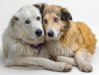 A short-haired white male big dog hugging a smaller long-haired yellow female dog with a surprised and scared cartoonish expression