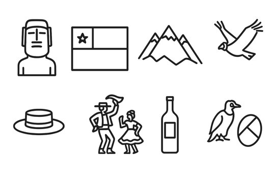 Chilean Icons Collection. Outline icon set of Chilean culture: moai statue, Chilean flag, Andes mountain, condor bird, traditional