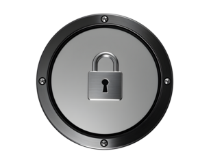 Metal Padlock Icon on Circular Steel Background,  Security, Privacy Concept
